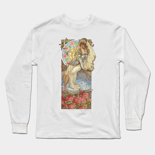 Lady of June Summer Solstice Bride with Sun Wheel and Roses Mucha Inspired Birthstone Series Long Sleeve T-Shirt by angelasasser